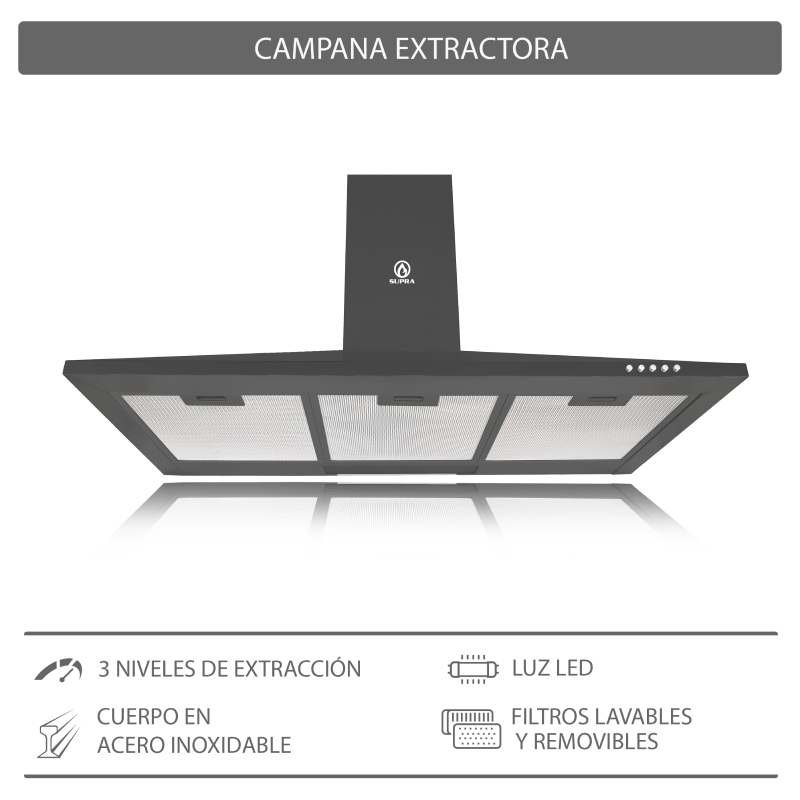 Campana extractora decorativa de isla de acero inoxidable negro mate  CI-90-BLACK Supra
